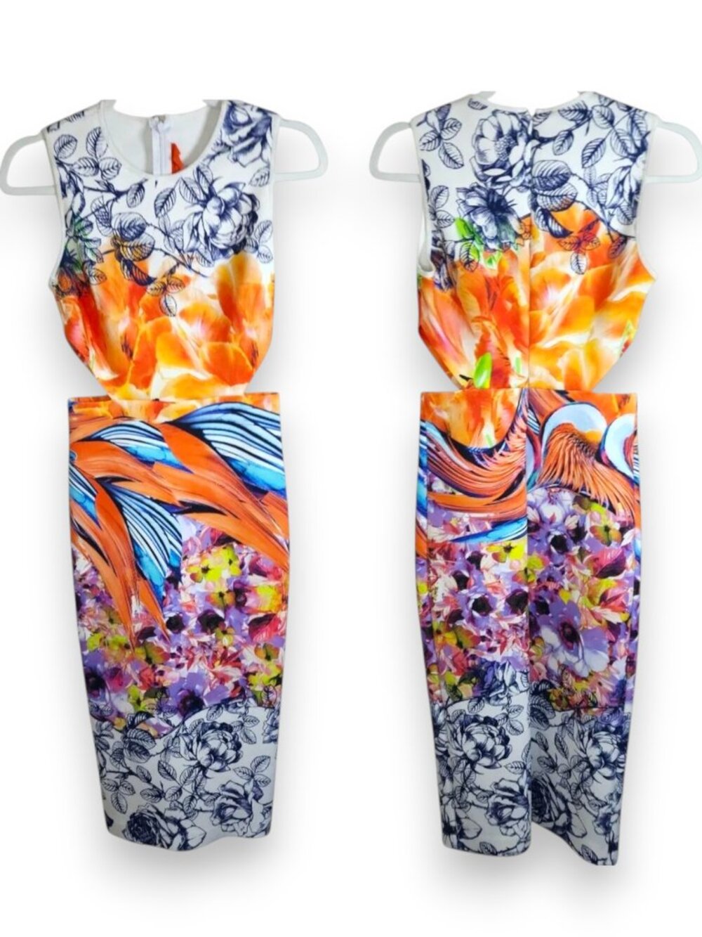 Clover Canyon Floral Bird Print Waist Cutout Midi Dress Blue Orange Size Small - Picture 3 of 15